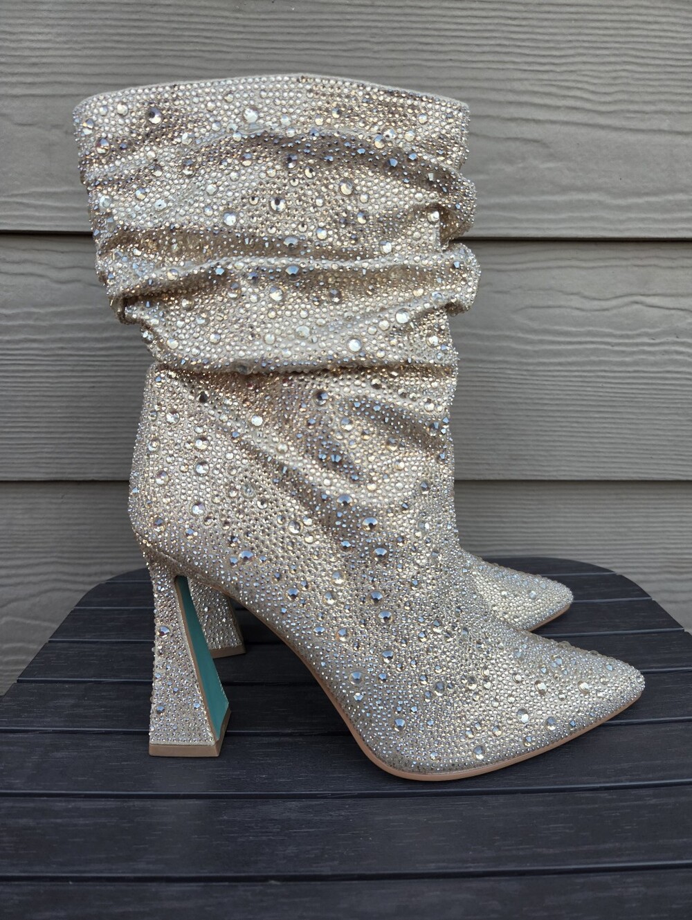 Betsey Johnson SB-Mac Rhinestone Sparkle Slouch Boots Heels Light Gold Size 9